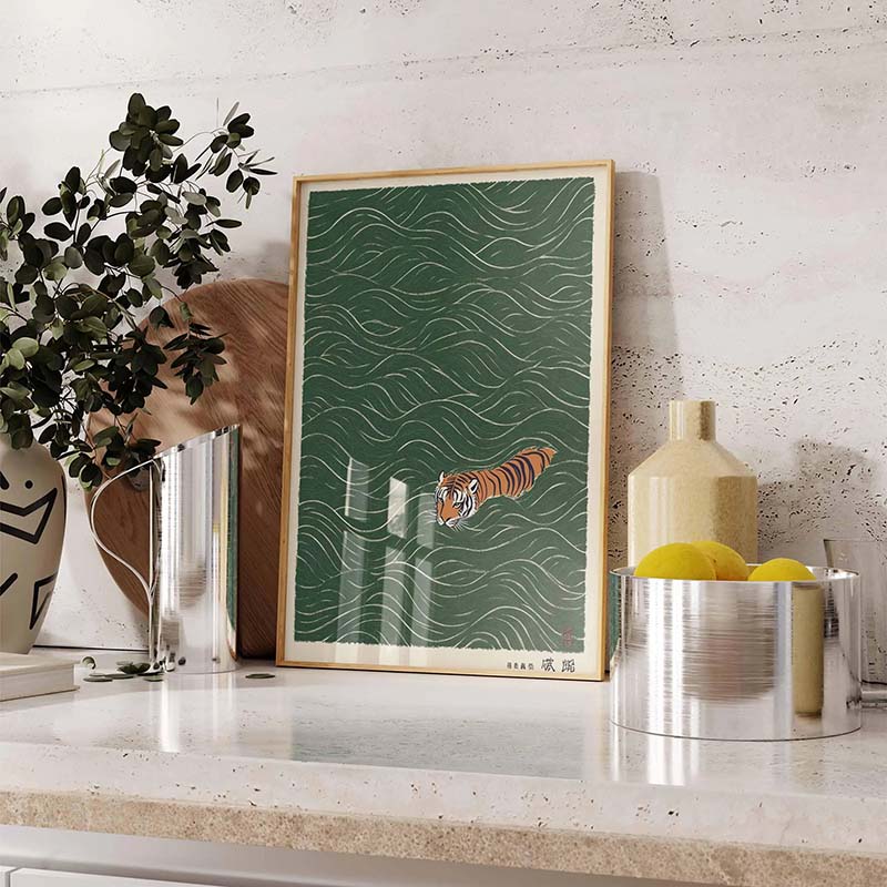 Japanese Tiger Swimming Poster - Japanese Minimalist Lifestyle avaliação e preço